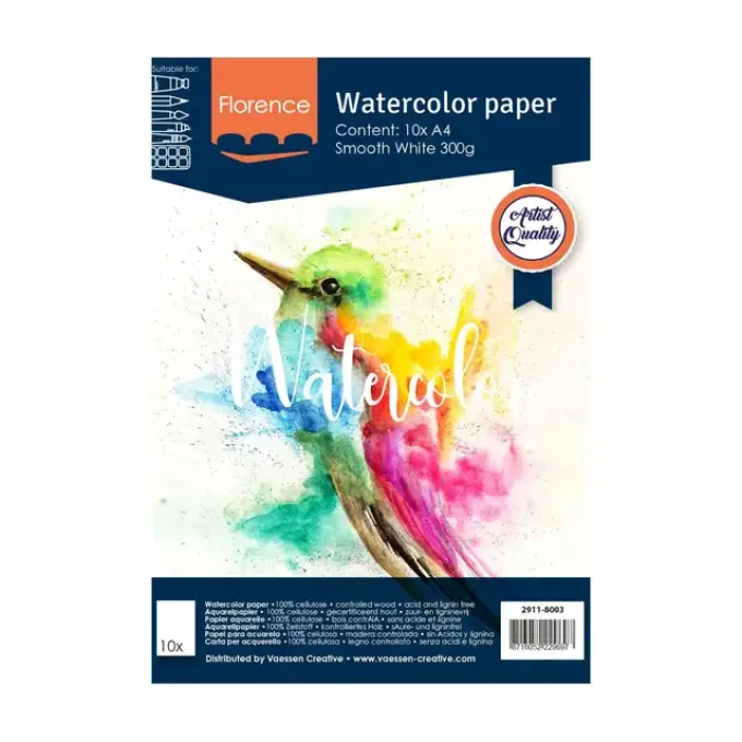 Papier d'Aquarelle Lisse A4 300g Smooth white 10pces - Florence