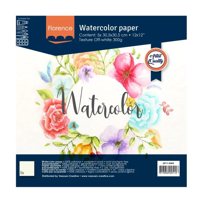Papier d'Aquarelle Texturé 30,5x30,5cm 300g Blanc Cassé 5pces - Florence