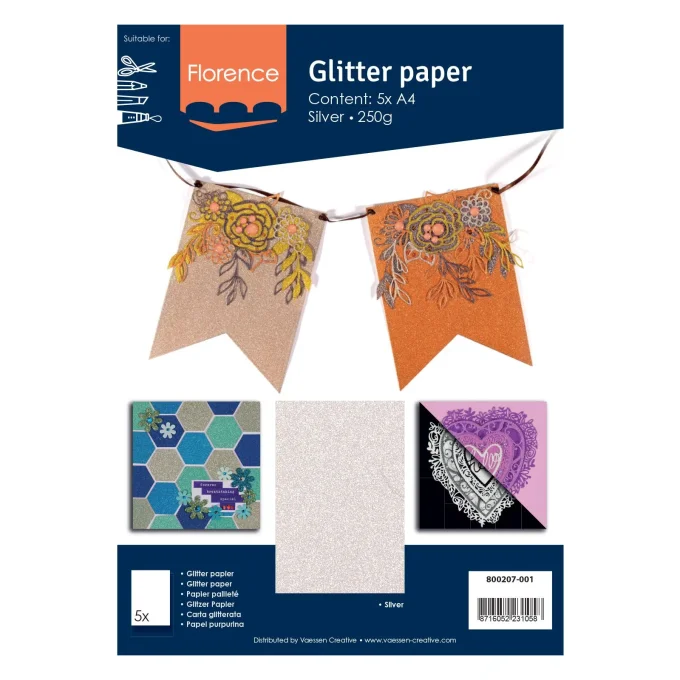 Papier pailleté 250g A4 Argenté 5 feuilles - Florence